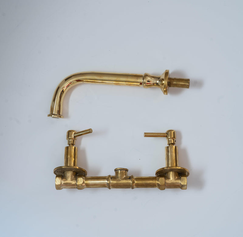 Unlacquered Brass Wall Mount Bathroom Faucet with Double Lever Handle and Rough-in Valve