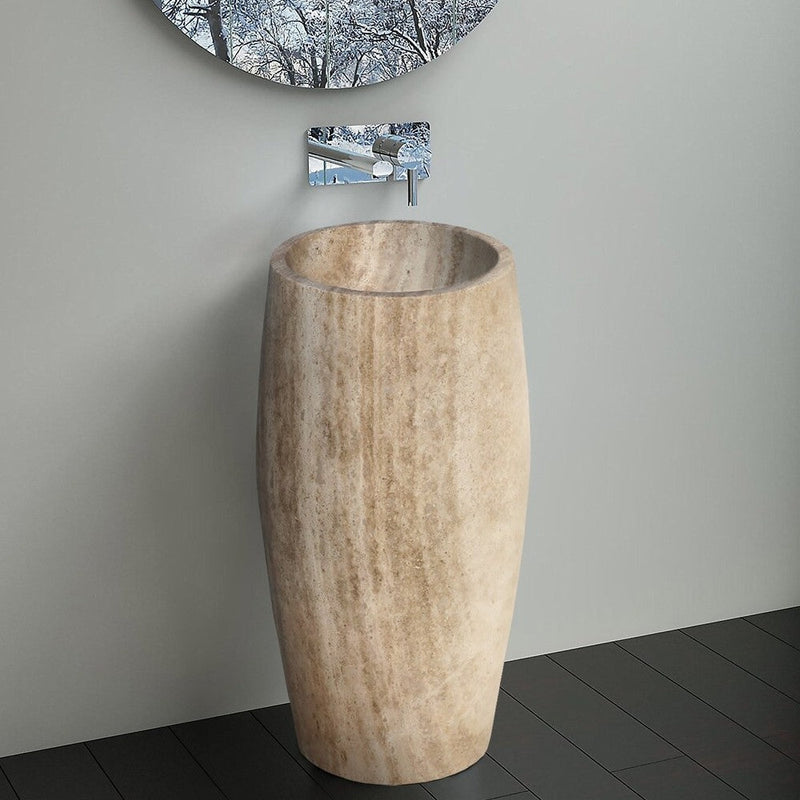 WalnutTravertine Pedestal Stand-alone Sink Curved Honed(D1)16" (D2)19.5" (H)33.5" SKU-NTRSTC44 installed in room scene