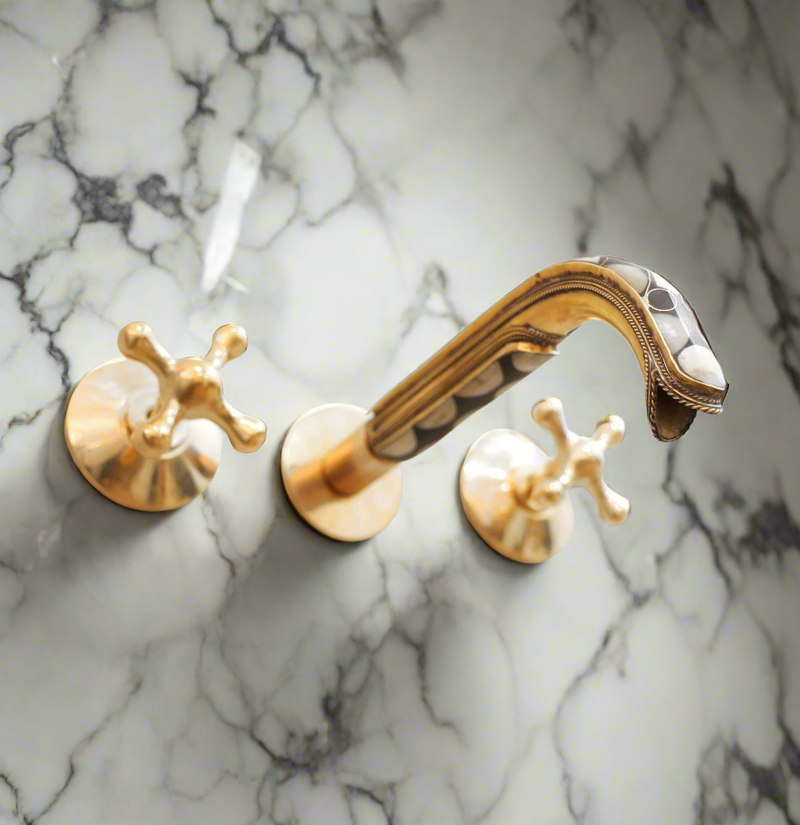 Handcrafted Wood & Brass Wall Mounted Faucet