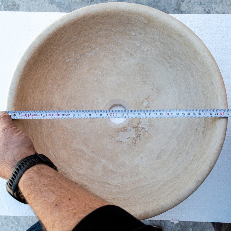 beige travertine. vessel sink NTRSTC09 D16 H6 diameter measure view product shot