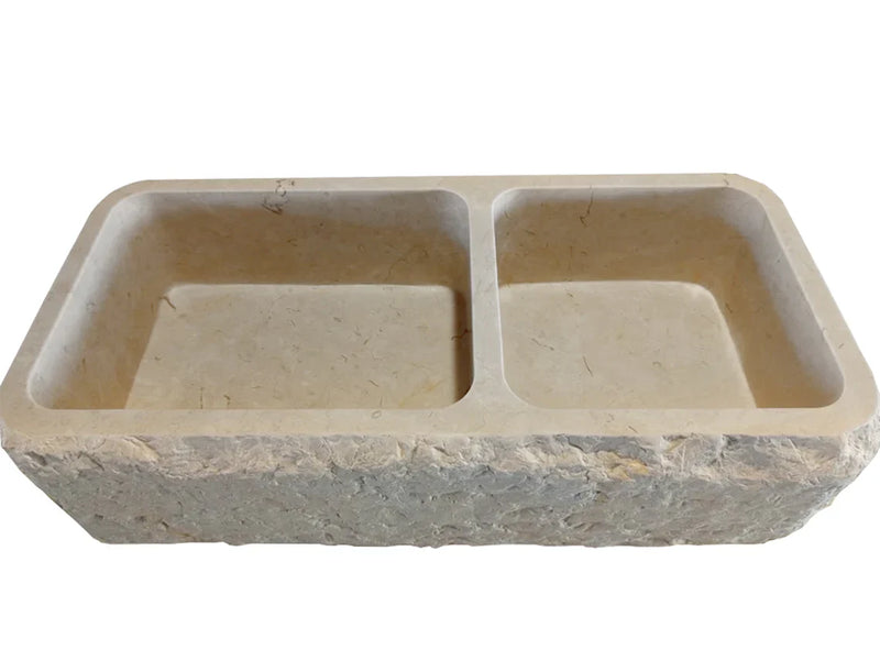 Botticino Beige Marble Farmhouse Apron Kitchen Double Sink (W)16" (L)32" (H)10"