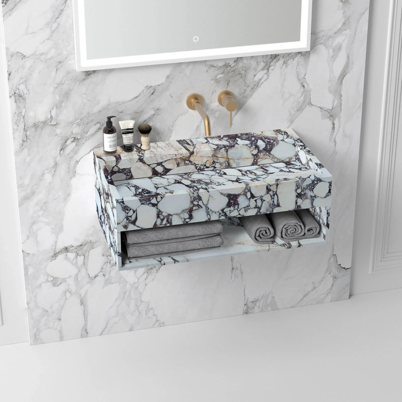 Calacatta Viola Marble Wall-mount Bathroom Sink Hidden Drain with Storage (W)18" (L)32" (H)16"