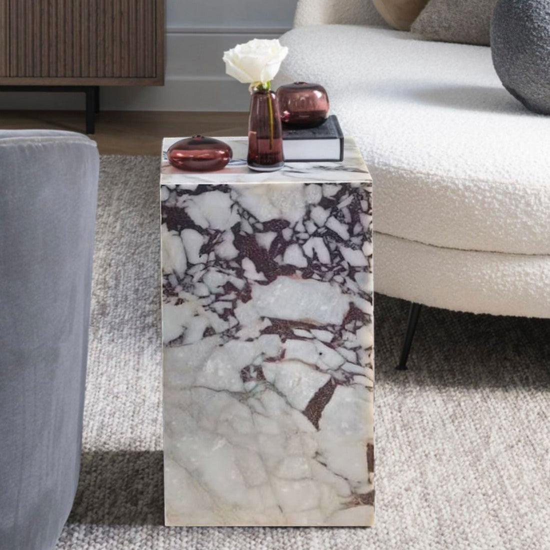 Calacatta Viola Marble Cube Design End/Side Table