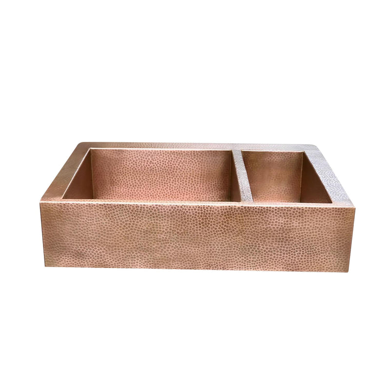 Double-Bowl Hammered Copper farmhouse sink - Small Bowl Right -Solara