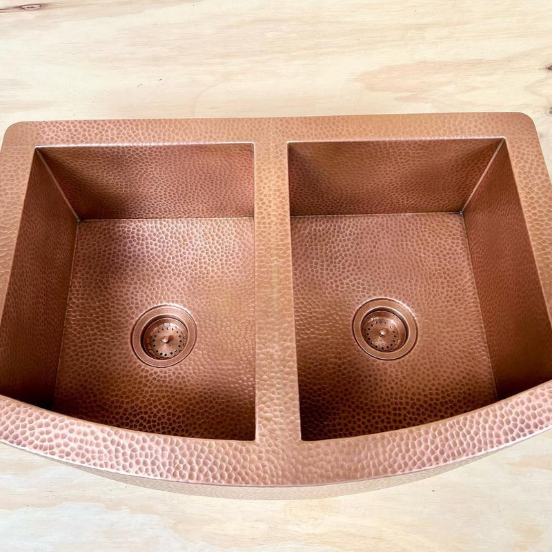 Double-Bowl Hammered Copper Farmhouse Kitchen Sink - Kova