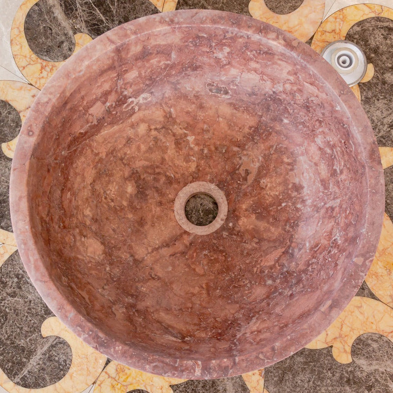 gobek red travertine natural stone vessel sink honed matte SKU NTRVS15 size (D)16" (H)6" top view product shot