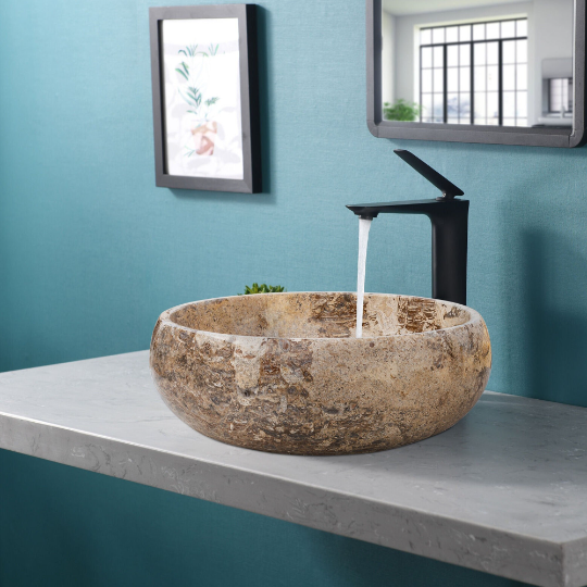 gobek valencia beige travertine natural stone vessel sink filled and polished EGEVP166 bathroom scene