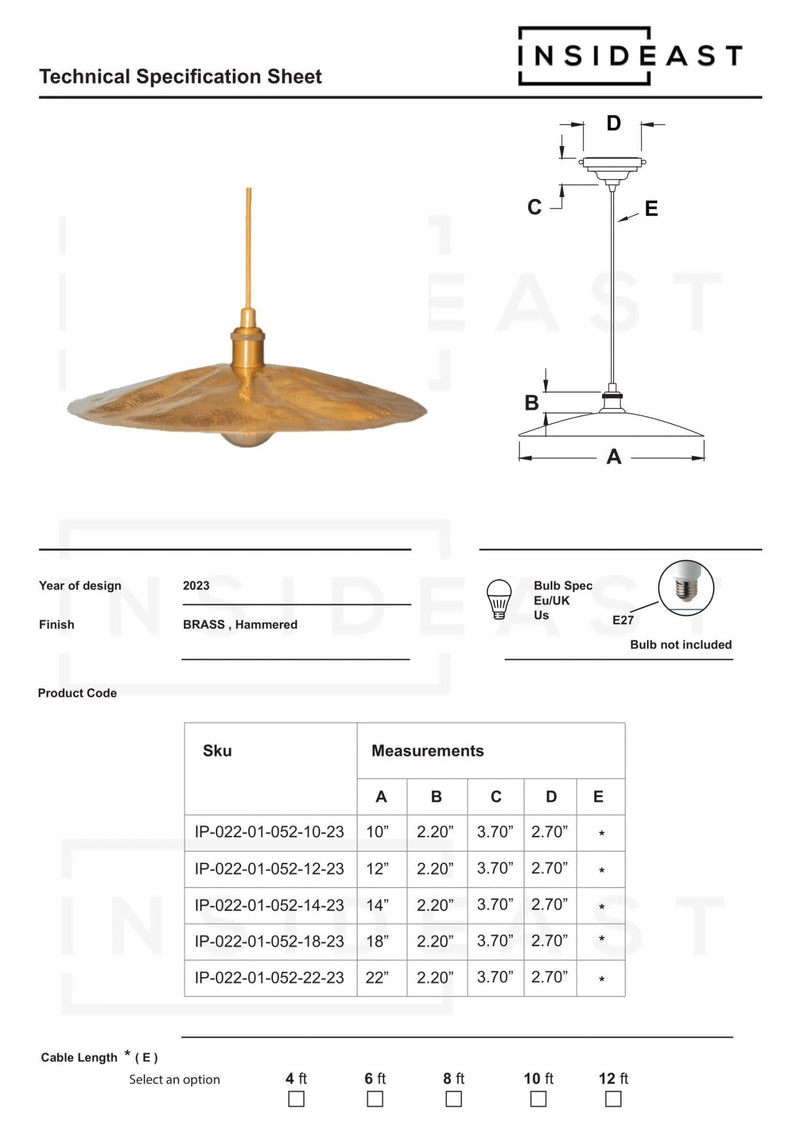 Hammered Brass Flat Disc Pendant Light, Brass Plate Lampshade, Flat Circle Shade