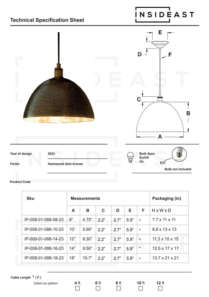 Hammered Pendant Light, Brass Dome Ceiling Light, Kitchen Island Hanging Light Fixture