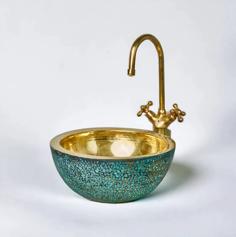 Brass Vessel Sink For Bathroom, Blue Patina Brass Sink with Faucet