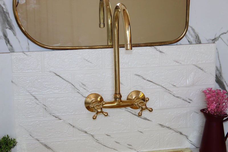 Unlacquered Brass Kitchen Wall Mount Faucet With Cross Handles