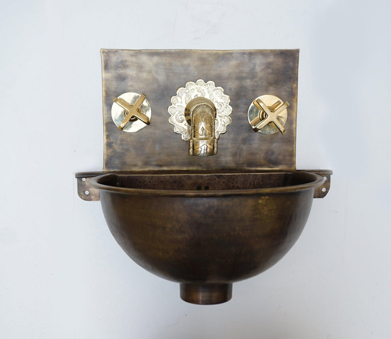 Hammered Patina Brass Wall Mount Sink With Solid Brass Faucet