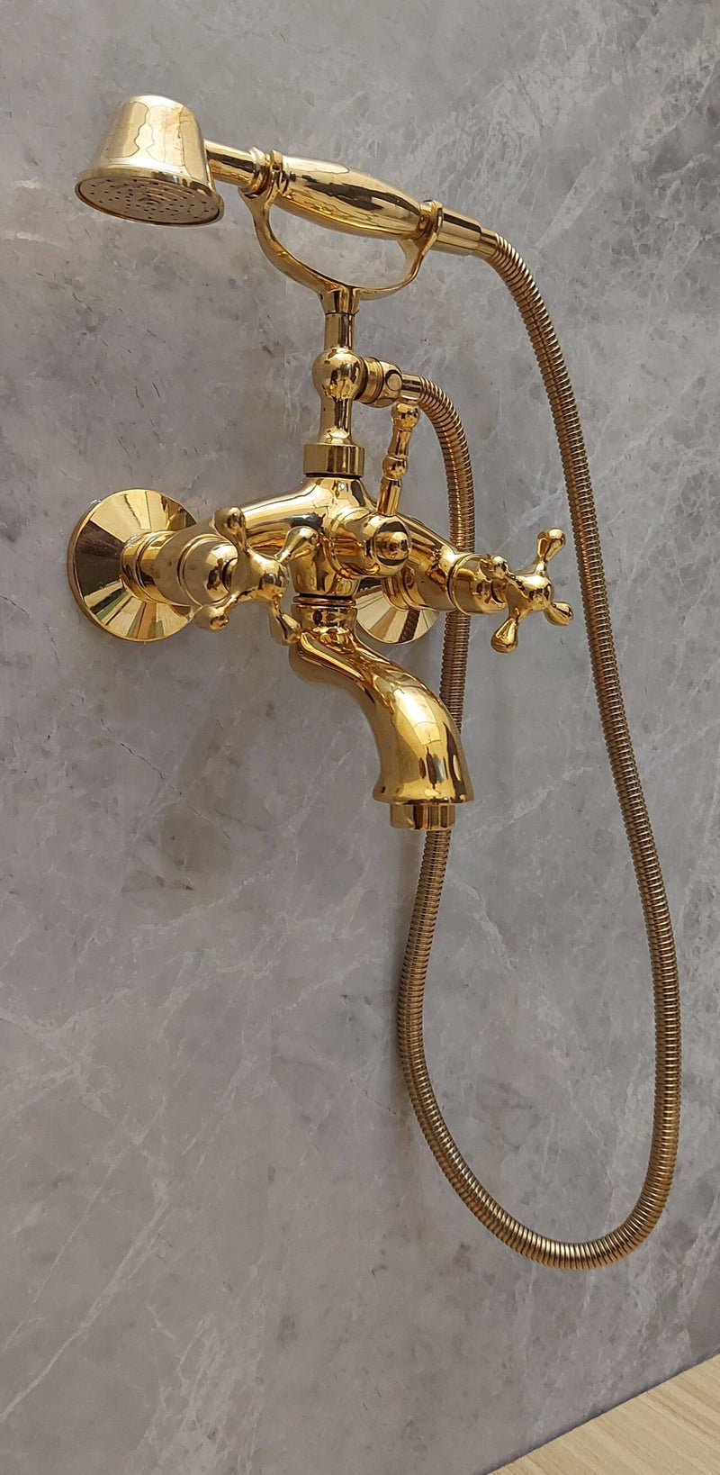 Unlacquered Brass Bathtub Faucet With Handheld Shower Holder - Wall Mounted Tub Faucet