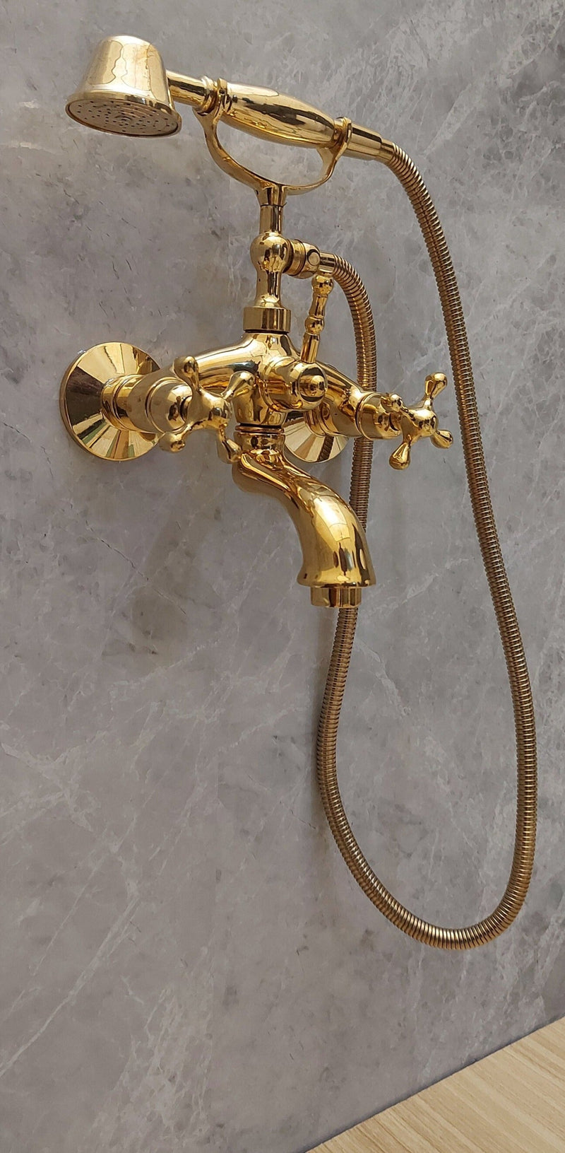 Unlacquered Brass Bathtub Faucet With Handheld Shower Holder - Wall Mounted Tub Faucet