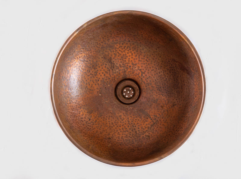 Round Aged Copper Vessel Sink Bathroom