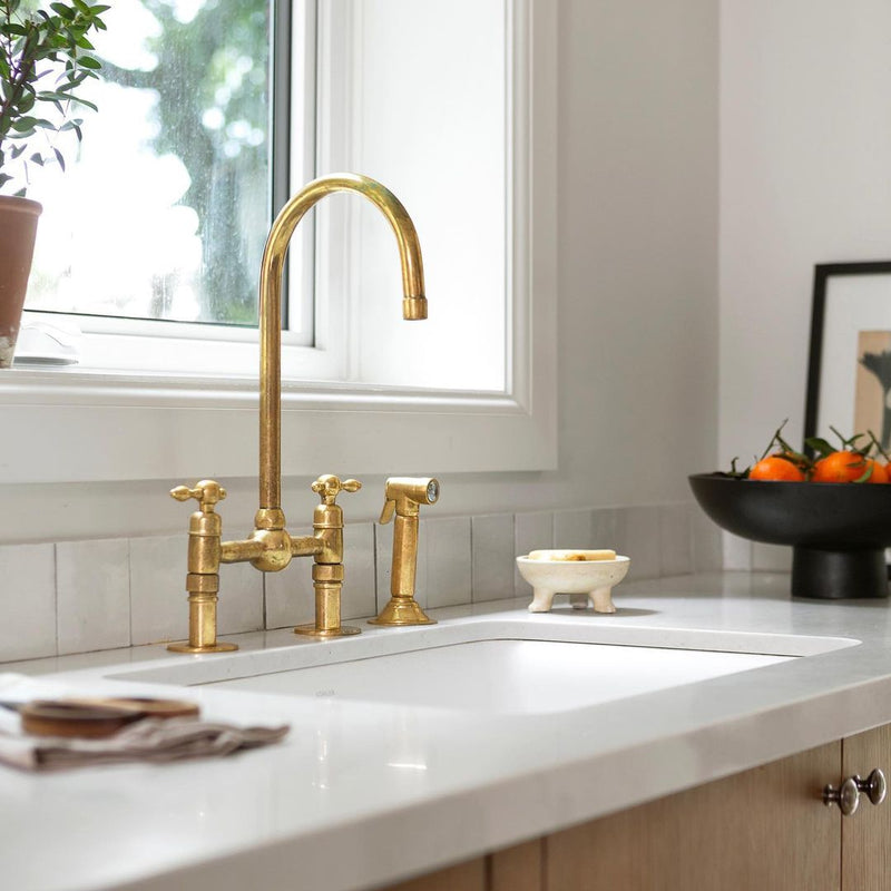 Natural Unlacquered Brass Bridge Kitchen Faucet 8" Lever Handles