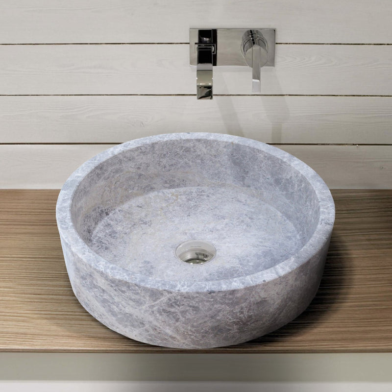 Gobek Natural Stone Tundra Grey Marble Round Vessel Sink Polished
