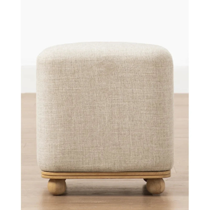 Natural Wooden Round Leg Detailed Linen Pouf - (W)17.7" (L)17.7" (H)19.7"