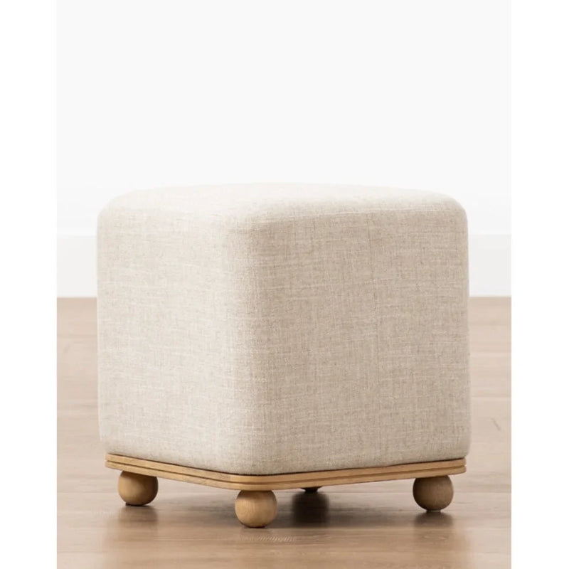 Natural Wooden Round Leg Detailed Linen Pouf - (W)17.7" (L)17.7" (H)19.7"