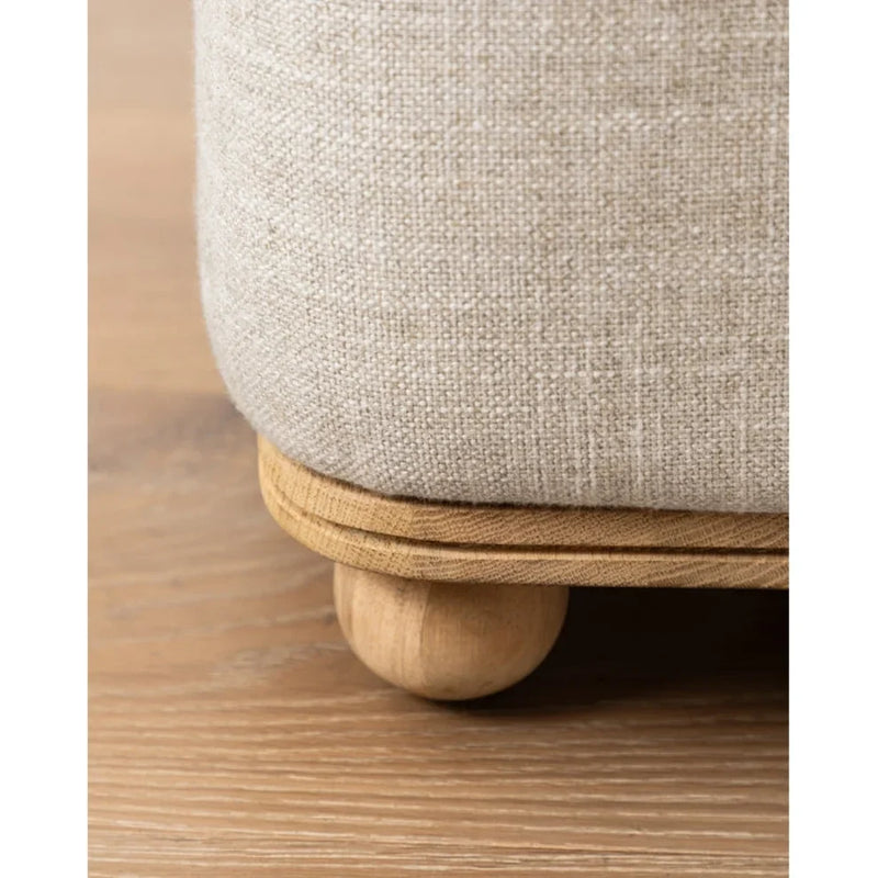 Natural Wooden Round Leg Detailed Linen Pouf - (W)21.6" (L)27.5" (H)19.7"