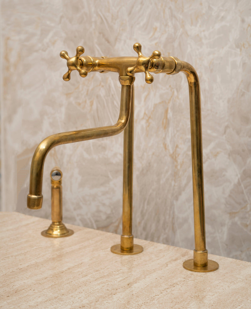 Unlacquered Brass Kitchen Long legs Faucet with Sprayer