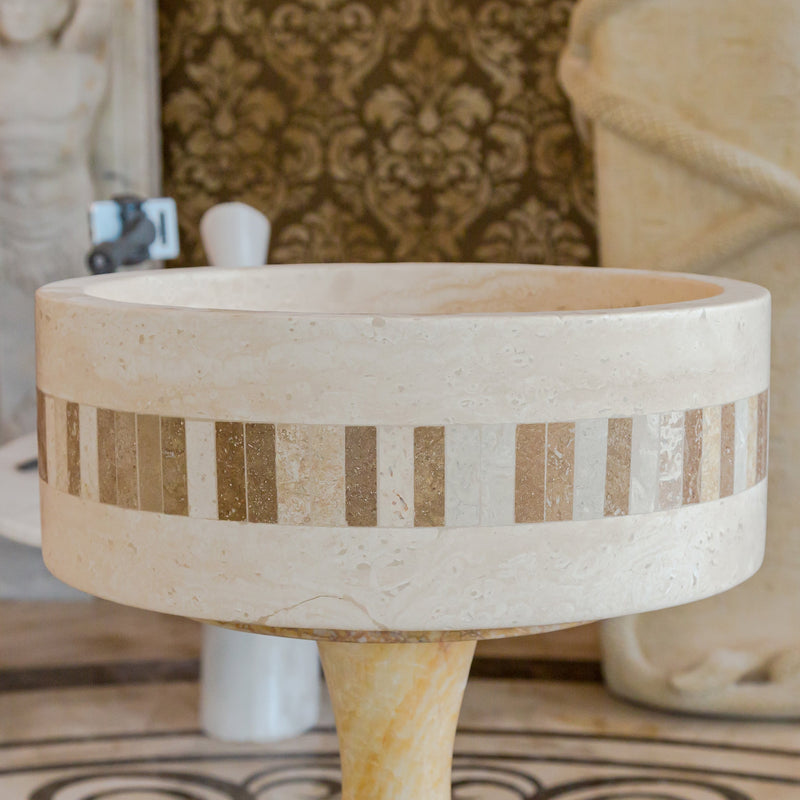 troia light travertine natural stone cylinder sink honed and filled matte SKU NTRVS39 size (D)16" (H)6" side view product shot