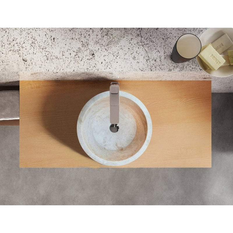 troia light travertine natural stone vessel sink surface honed filled size (D)16" (H)6" (45.8cmx45.8cmx23cm) SKU-NTRSTC10 installed on bathroom