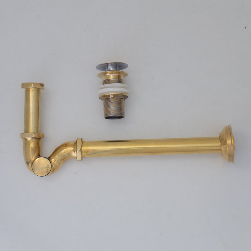 Solid Unlacquered Brass P-trap and Sink Stopper, Push Up Button, Pop Up Drain, Brass Water Trap