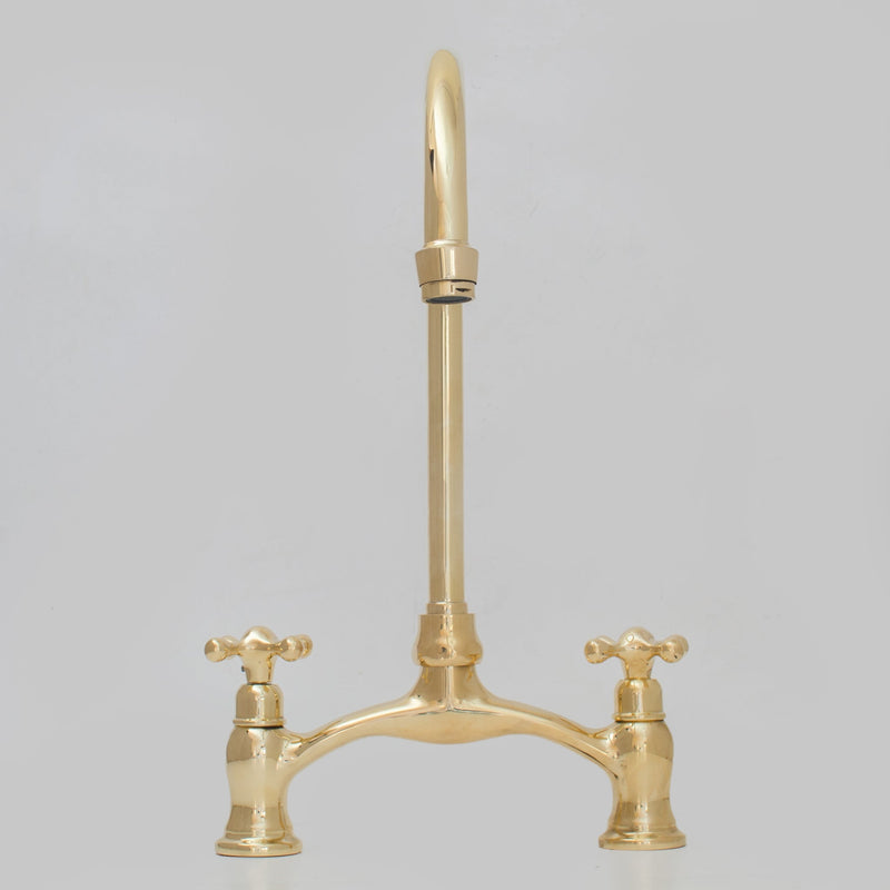 Unlacquered Brass Kitchen Faucet, Arched Bridge Faucet With Sprayer, Antique Brass Gold Faucet