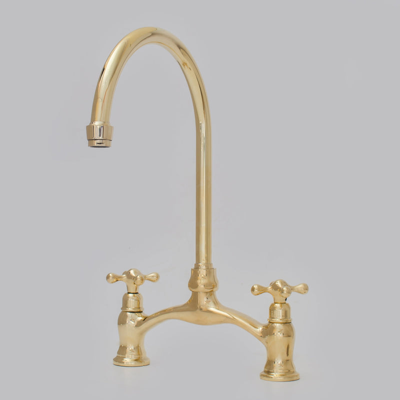 Unlacquered Brass Kitchen Faucet, Arched Bridge Faucet With Sprayer, Antique Brass Gold Faucet