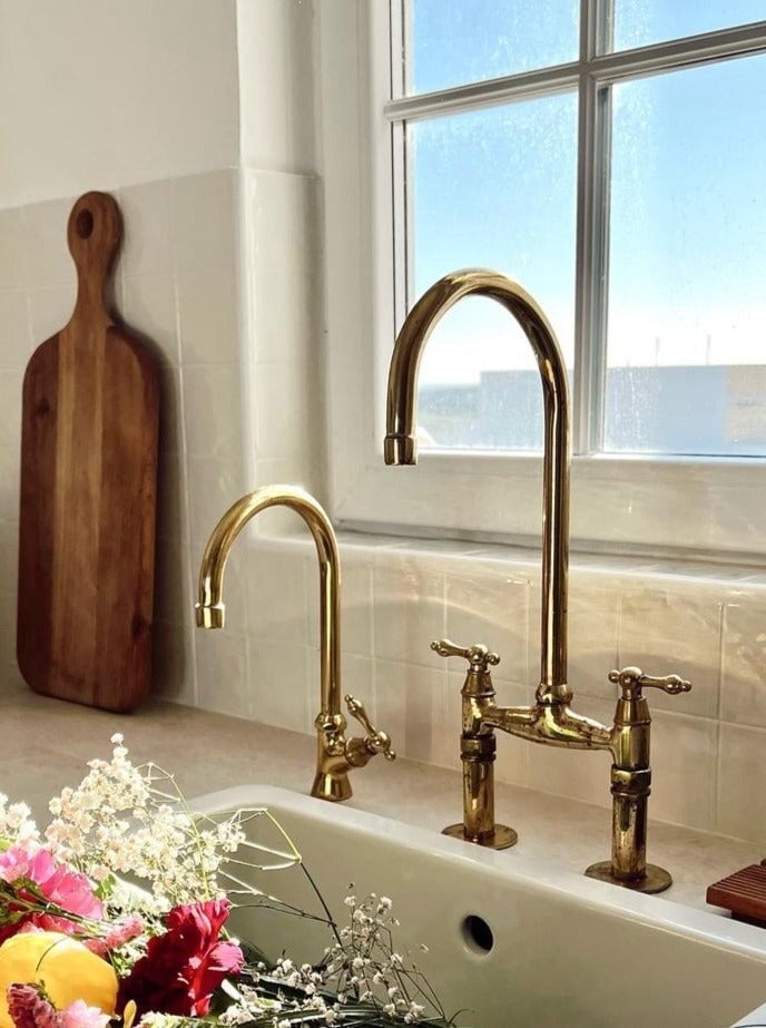 Unlacquered Brass Kitchen Faucet, Bridge Kitchen Faucet With Sprayer, Antique Brass Gold Faucet (6")