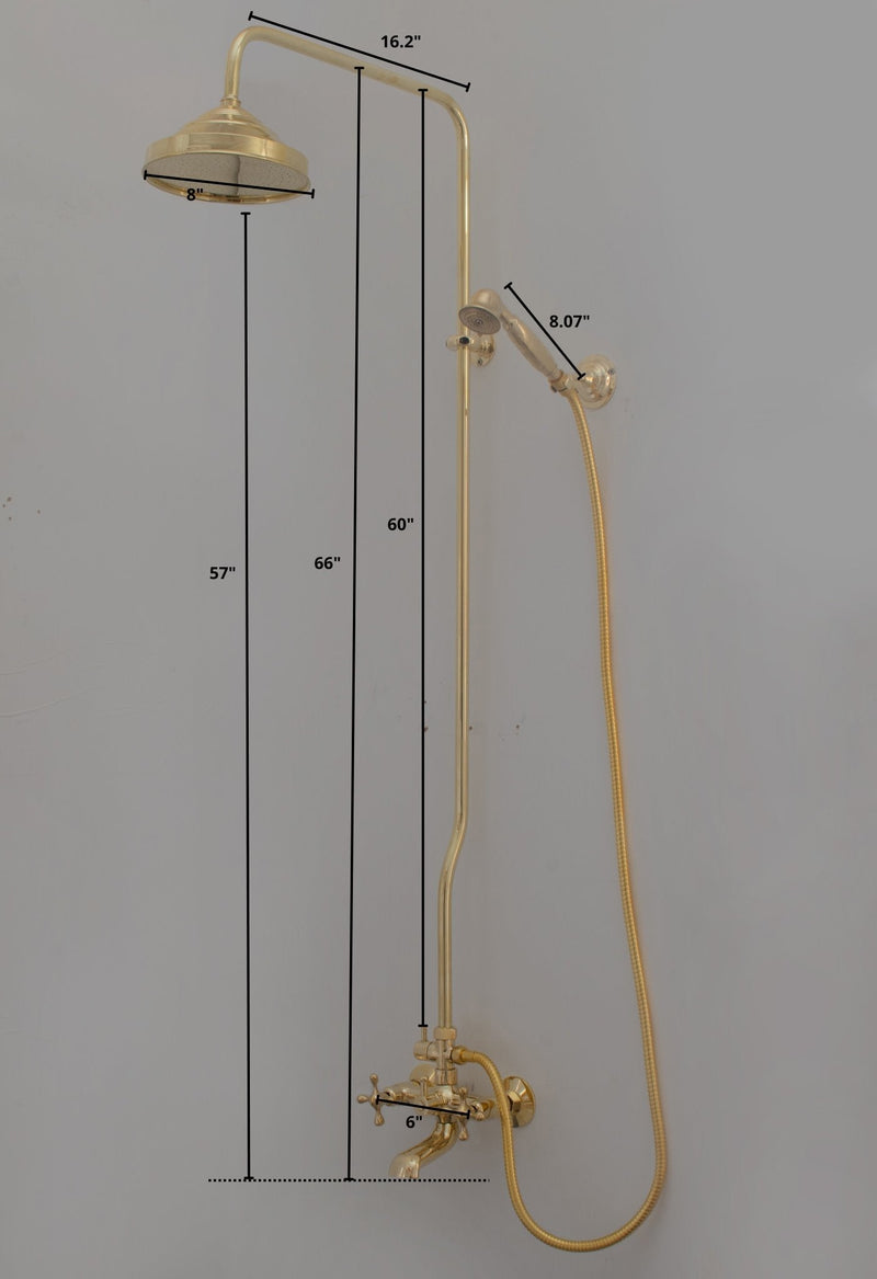 Unlacquered Brass Shower System - Tub Filler Exposed Pipe Rain Shower and Handheld