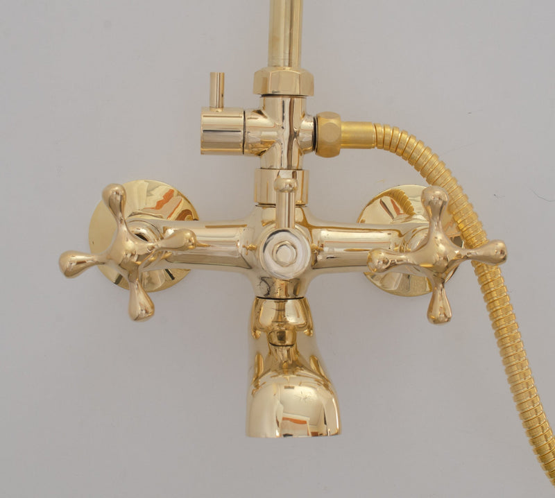 Unlacquered Brass Shower System - Tub Filler Exposed Pipe Rain Shower and Handheld