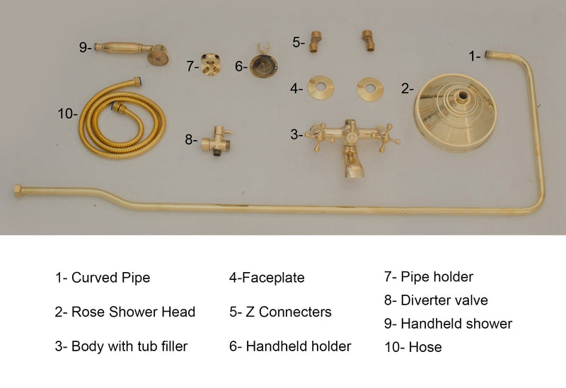 Unlacquered Brass Shower System - Tub Filler Exposed Pipe Rain Shower and Handheld