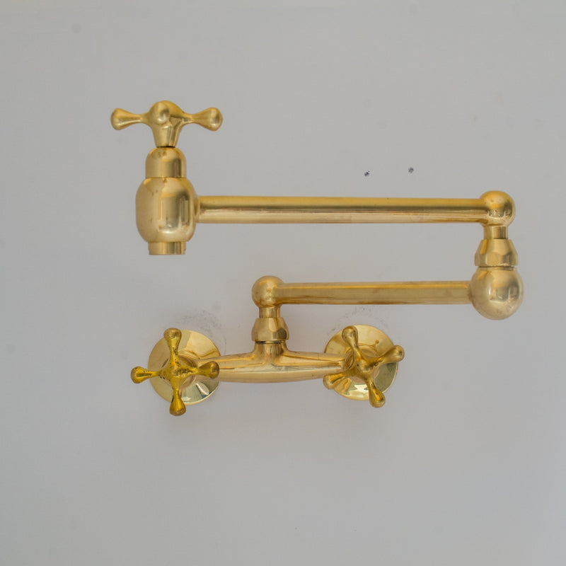 Unlacquered Brass Wall Mount Faucet, Brass Kitchen Faucet, Dual Handle Faucet