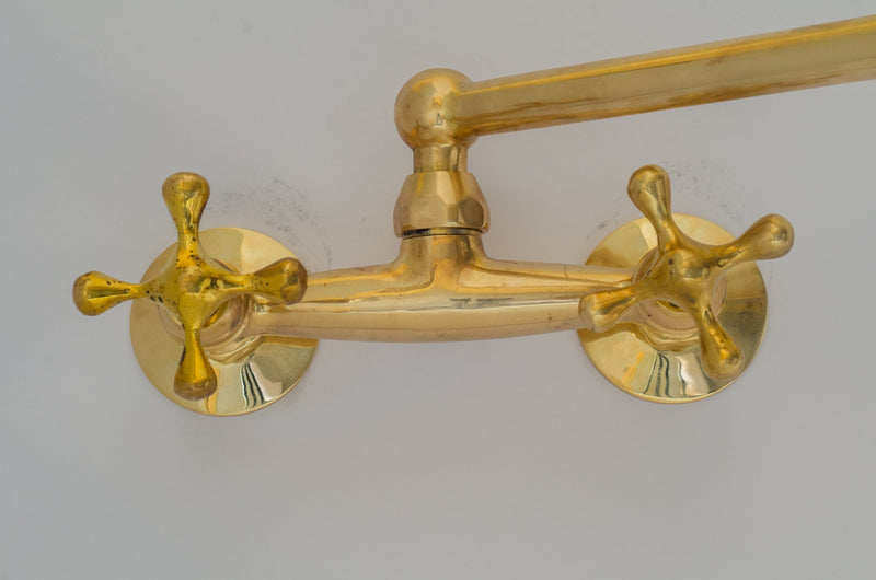 Unlacquered Brass Wall Mount Faucet, Brass Kitchen Faucet, Dual Handle Faucet