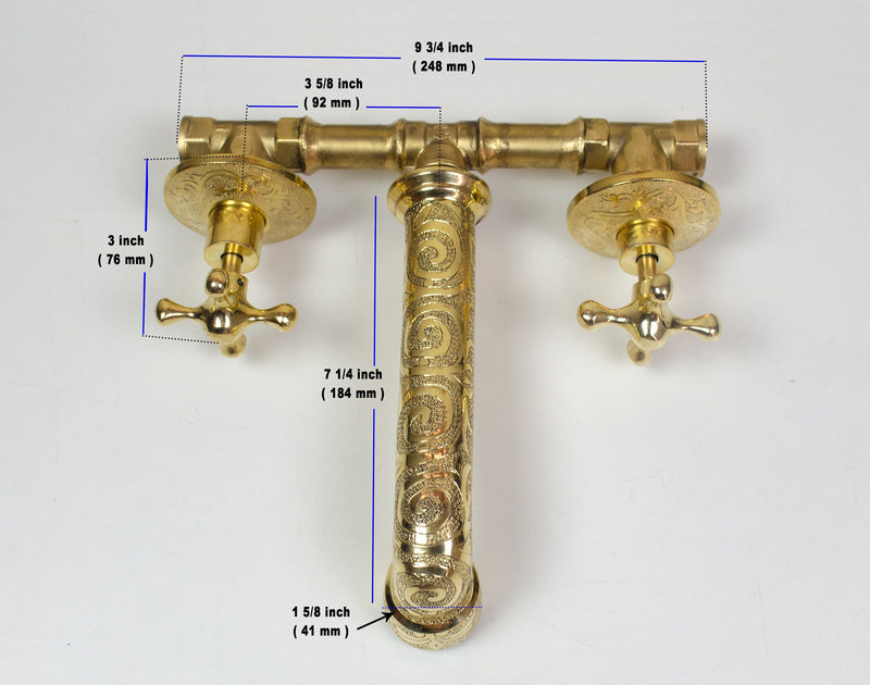 Unlacquered Brass Wall Mounted Faucet , Engraved Antique Brass Sink Faucet with rough in valve