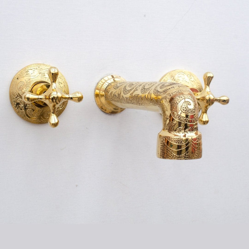 Unlacquered Brass Wall Mounted Faucet , Engraved Antique Brass Sink Faucet with rough in valve