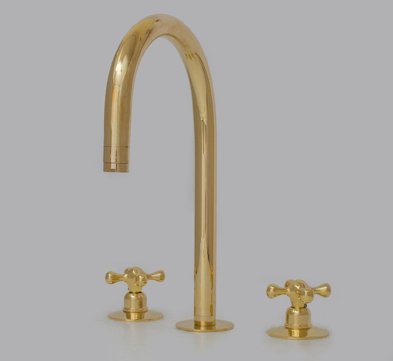 Unlacquered Brass Widespread Kitchen Faucet, Solid Brass 3-Holes Deck Mount Faucet, Simple Cross Handles