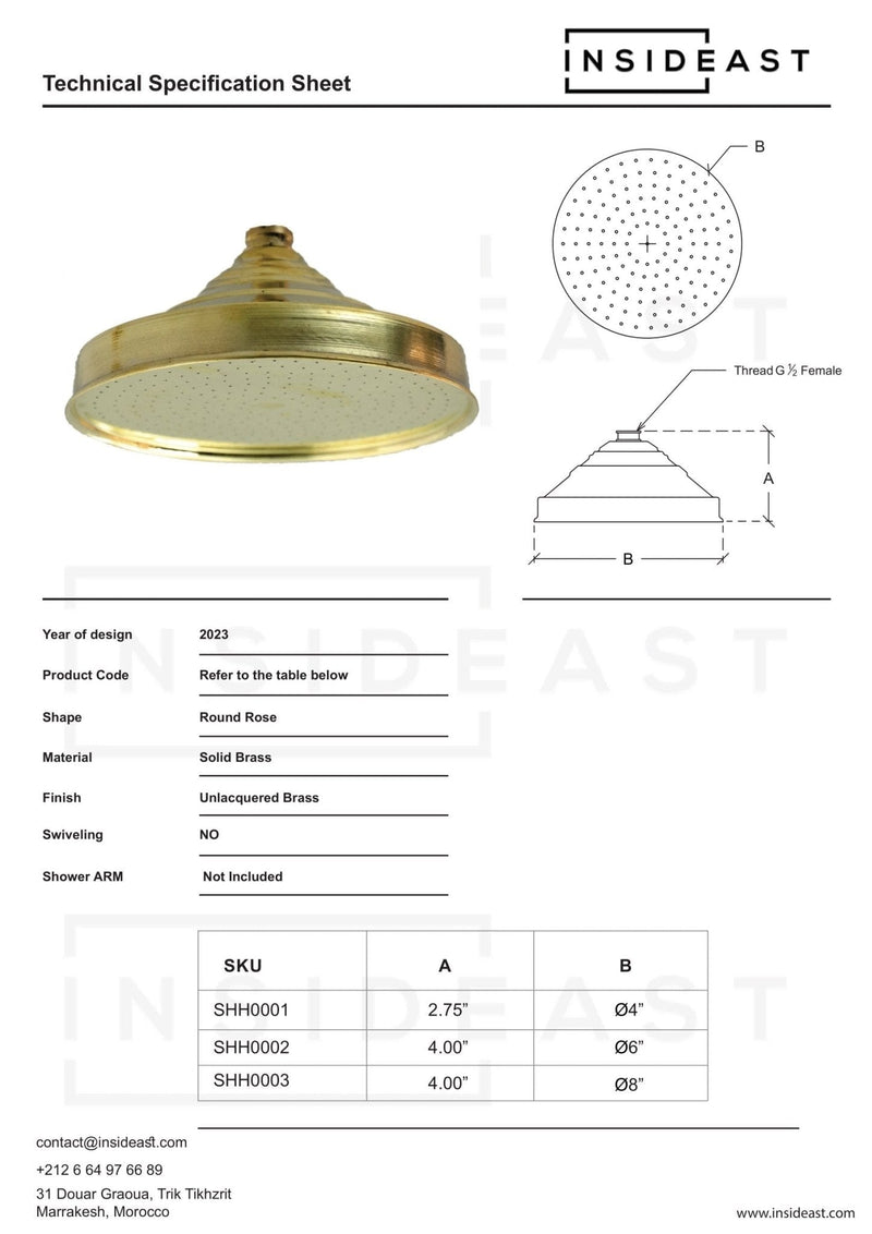 Unlacquered Solid Brass Rain Shower Head, Moroccan Handcrafted Vintage Showerhead, Works Outdoor