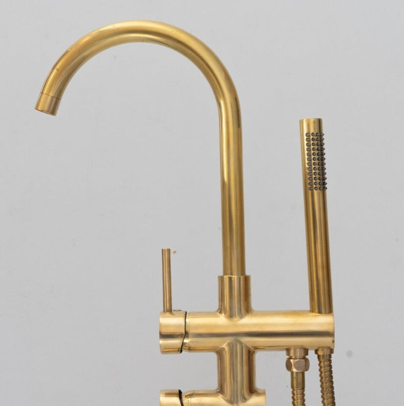 Unlacquered Solid Brass Tub Filler and Handheld Standing Two Outlets Bathtub Faucet