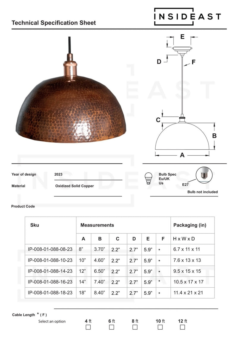 Vintage Copper Pendant Light, Oxidized Dome Ceiling Light, Kitchen Island Hanging Light Fixture