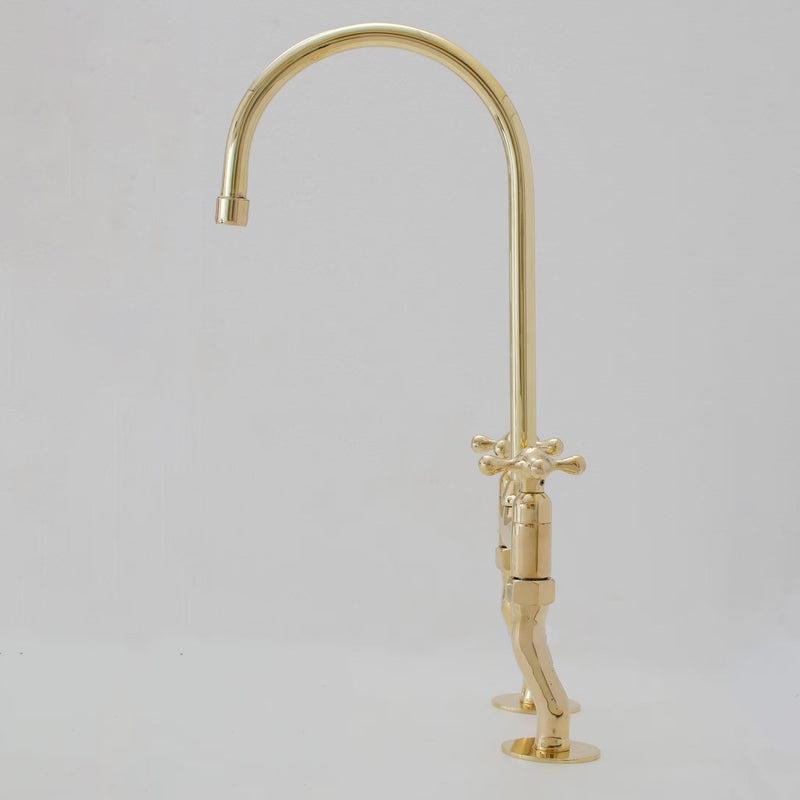 Vintage Patina, Solid Brass  Bridge Kitchen Faucet 8", Curved Legs, Cross Handles