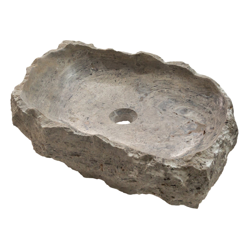 Gobek Silver Travertine Rustic Natural Stone Vessel Sink Polished Interior Hand Chiseled Exterior