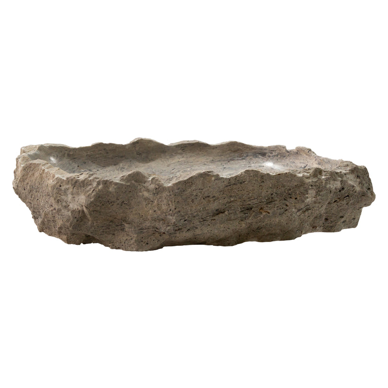 Gobek Silver Travertine Rustic Natural Stone Vessel Sink Polished Interior Hand Chiseled Exterior