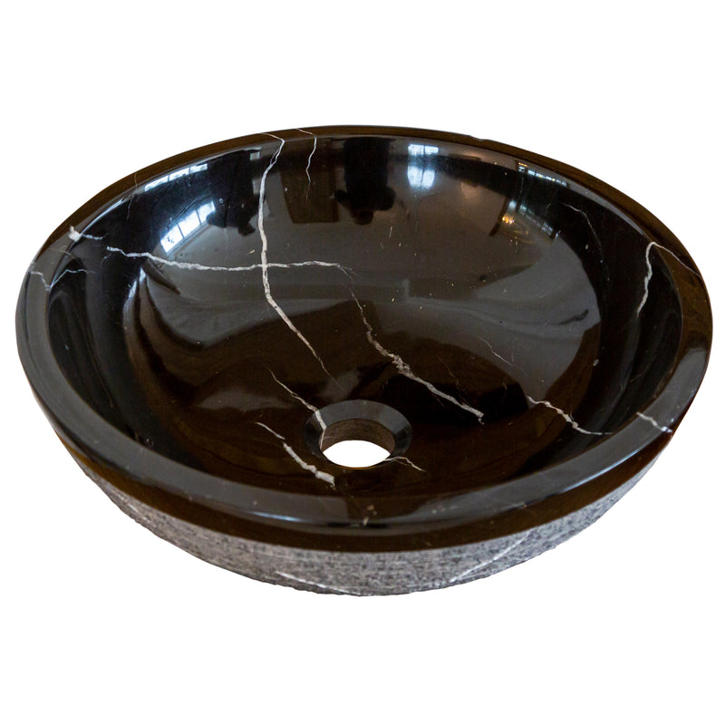 Gobek Natural Stone Toros Black Marble Vessel Sink Rough Exterior