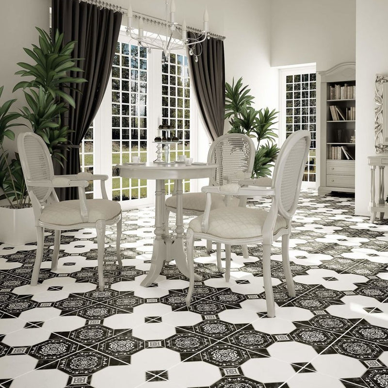 anka checkers pattern glossy unrectified porcelain floor tile size 45cmx45cm SKU 165195 installed on dining room floor
