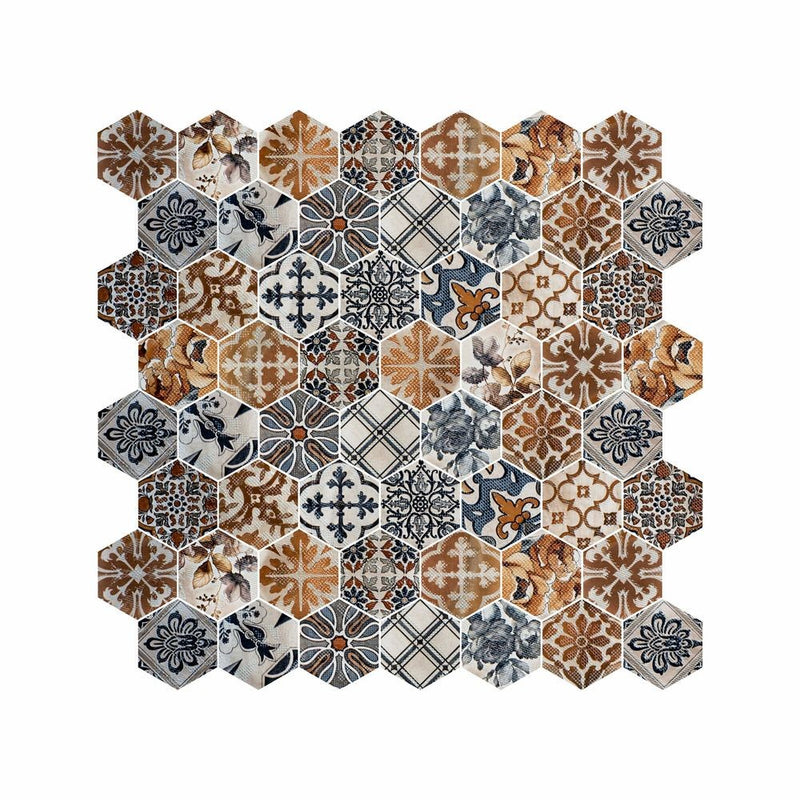 Hexagon Digital Print Mix Pattern Glass Mosaic Tile - 4