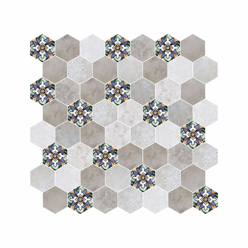 Hexagon Digital Print Mix Pattern Glass Mosaic Tile - 3