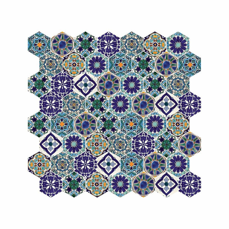Hexagon Digital Print Mix Pattern Glass Mosaic Tile - 1
